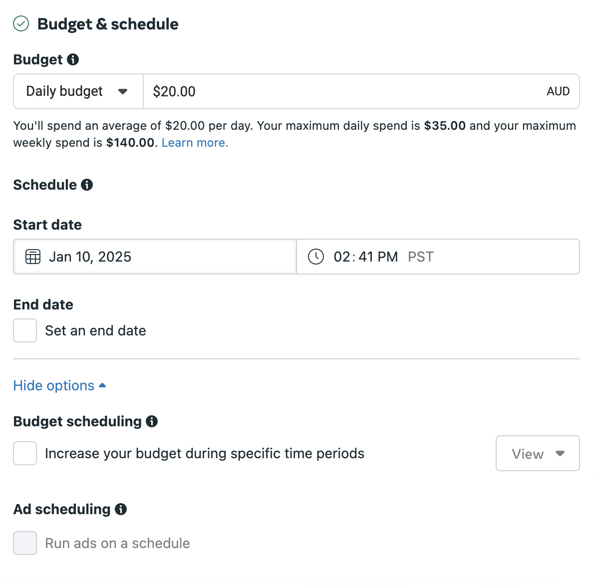 Facebook ads manager budget for ad